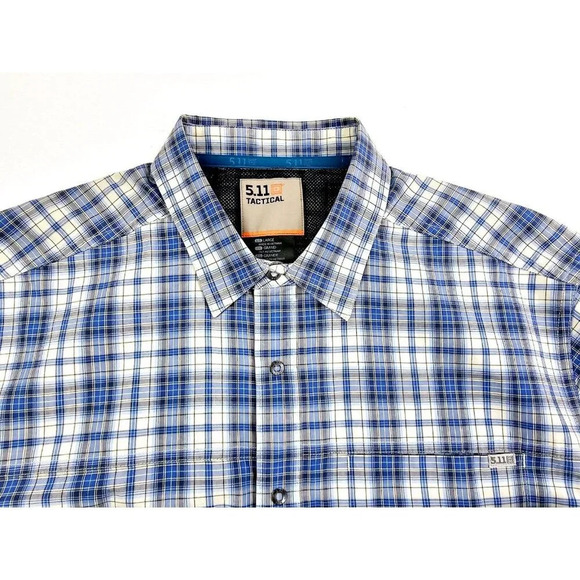 5.11 Tactical Size Large Men Blue White Check Pocket Logo Tag Short Sleeve Shirt - Picture 5 of 13